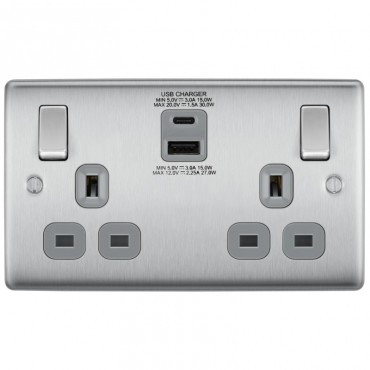 BG Electrical Nexus Metal Double 13A Switched Socket with Type A and C Charger 30W Brushed steel